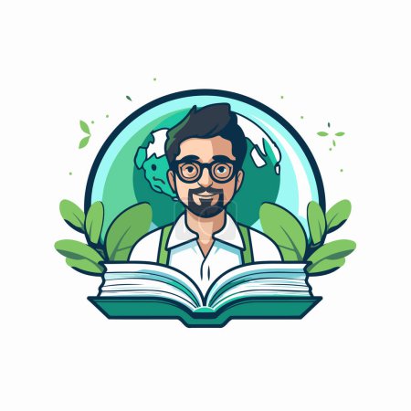 Illustration for Vector illustration of a man reading a book in the circle with green leaves around. - Royalty Free Image