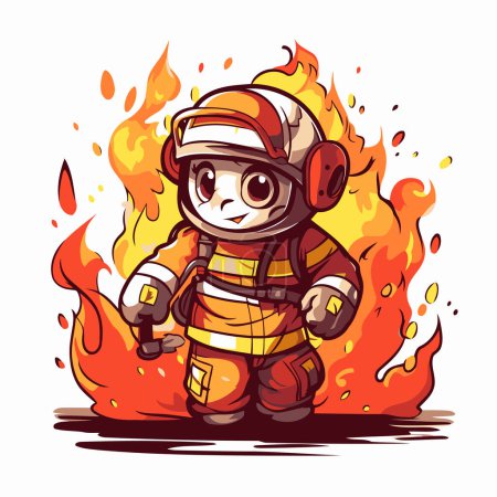 Téléchargez les illustrations : Pompier à dessin animé avec casque et masque à gaz. Illustration vectorielle. - en licence libre de droit