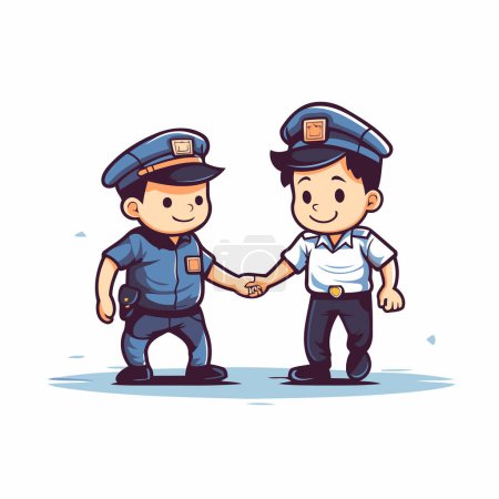 Illustration for Cartoon police officer and policeman in uniform shaking hands. Vector illustration. - Royalty Free Image