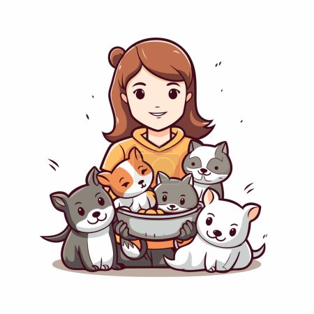 Téléchargez les illustrations : Illustration vectorielle d'une fille tenant un bol rempli de chats et de chiens. - en licence libre de droit