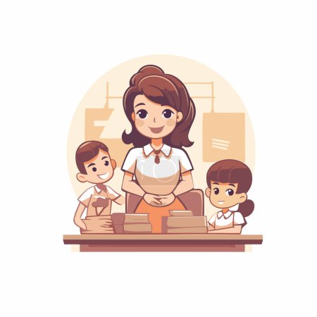 Ilustración de Madre y sus hijos en el aula. Ilustración vectorial en estilo de dibujos animados. - Imagen libre de derechos