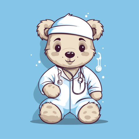 Téléchargez les illustrations : Mignon ours en peluche dessin animé en uniforme médical et stéthoscope - en licence libre de droit