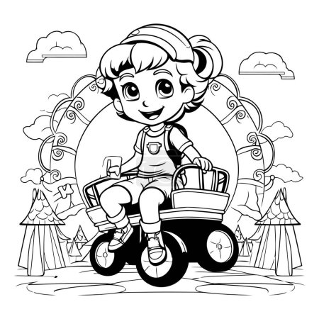 Illustration for Cute little girl riding a toy car. Vector illustration for coloring book - Royalty Free Image