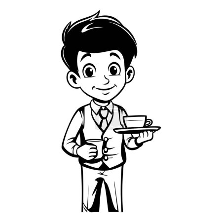 Téléchargez les illustrations : Illustration d'un serveur tenant un plateau avec une tasse de café - en licence libre de droit