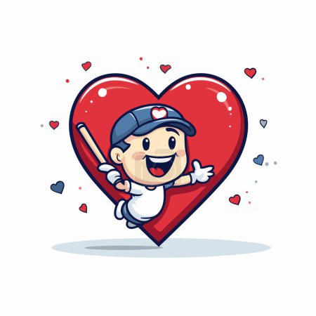 Téléchargez les illustrations : Mignon garçon joueur de baseball tenant le cœur. Illustration vectorielle de personnage de dessin animé. - en licence libre de droit