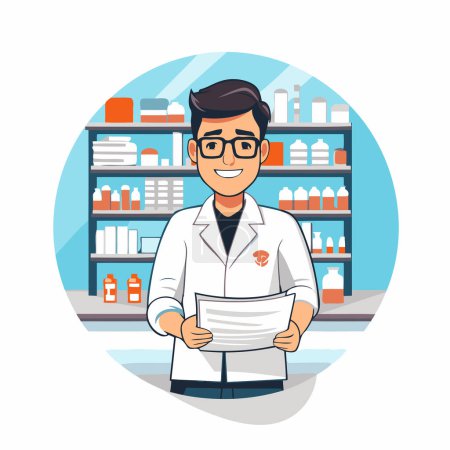 Illustration for Pharmacist in the pharmacy. Vector illustration in a flat style. - Royalty Free Image