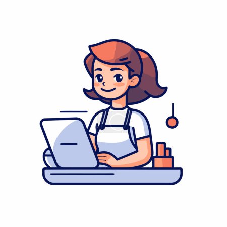 Illustration for Girl in apron working on laptop. Flat style vector illustration. - Royalty Free Image