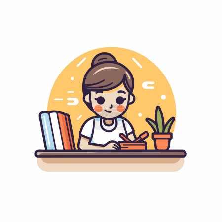 Illustration for Cute girl working at home. Vector illustration in flat style. - Royalty Free Image