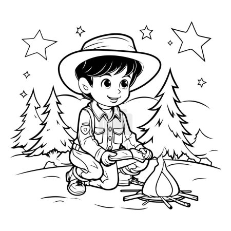 Illustration for Boy Camping - Black and White Cartoon Illustration. Vector Art - Royalty Free Image
