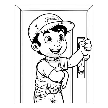 Téléchargez les illustrations : Illustration en noir et blanc d'un bricoleur souriant ouvrant une porte. - en licence libre de droit