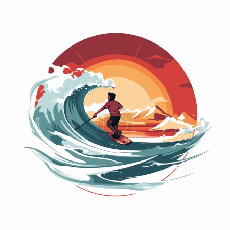Illustration for Surfer on the waves at sunset. Vector illustration in retro style - Royalty Free Image