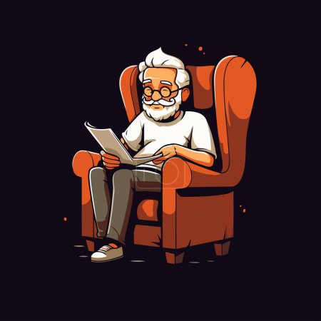 Grandfather sitting in armchair and reading book. Vector illustration.