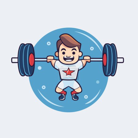 Téléchargez les illustrations : Fitness garçon levant barbell dessin animé personnage vectoriel illustration. Conception plate - en licence libre de droit
