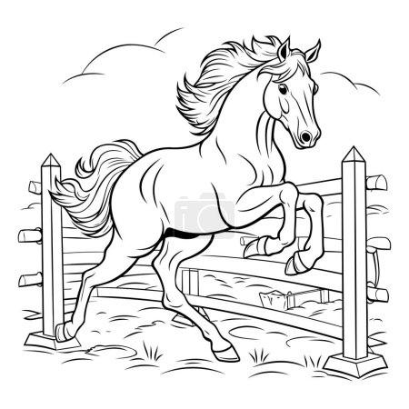 Téléchargez les illustrations : Cheval sautant par-dessus la clôture. Illustration vectorielle noir et blanc pour livre à colorier. - en licence libre de droit