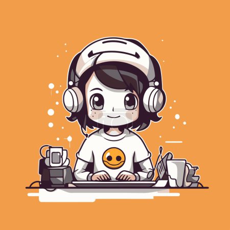 Illustration for Cute cartoon astronaut girl in space suit and headphones. Vector illustration. - Royalty Free Image