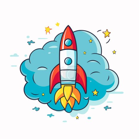 Illustration for Cartoon rocket with cloud and stars. Vector illustration for your design - Royalty Free Image