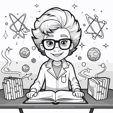 Téléchargez les illustrations : Illustration vectorielle d'un garçon à lunettes lisant un livre en classe - en licence libre de droit