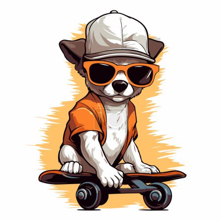 Téléchargez les illustrations : Mignon chien chihuahua dessin animé avec lunettes de soleil et planche à roulettes - en licence libre de droit