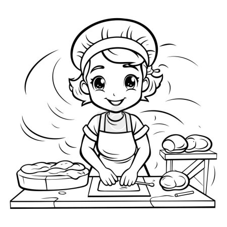 Téléchargez les illustrations : Illustration de bande dessinée en noir et blanc de pain de cuisine mignon pour petite fille pour livre à colorier - en licence libre de droit