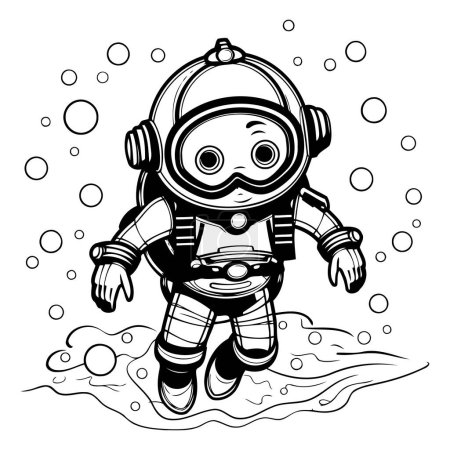 Astronaut in the sea. Black and white vector illustration.