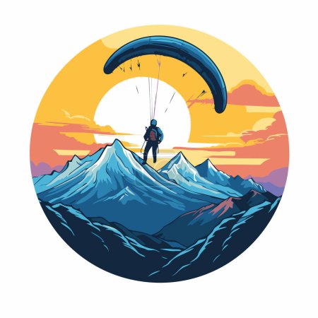Illustration for Paraglider flying over the mountains at sunset. Vector illustration. - Royalty Free Image