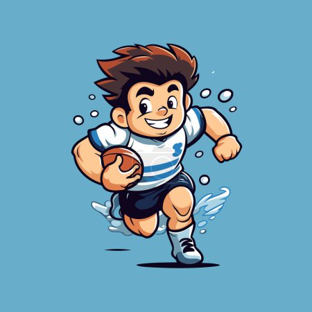 Téléchargez les illustrations : Joueur de rugby à dessin animé qui court avec une balle. Illustration vectorielle isolée sur fond bleu. - en licence libre de droit