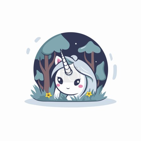 Illustration for Cute unicorn in the night forest. Vector illustration in cartoon style. - Royalty Free Image