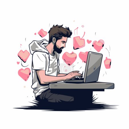 Téléchargez les illustrations : Illustration vectorielle d'un homme avec un ordinateur portable et des cœurs autour de lui. - en licence libre de droit
