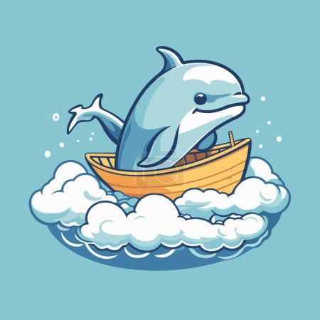 Ilustración de Delfín de dibujos animados en el barco. Ilustración vectorial de un lindo delfín de dibujos animados. - Imagen libre de derechos