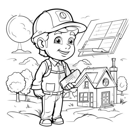 Téléchargez les illustrations : Illustration de dessin animé noir et blanc de Kid Boy Builder avec panneau solaire ou panneaux solaires pour livre à colorier - en licence libre de droit