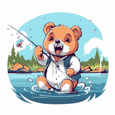 Illustration for Cute cartoon bear fishing in the river. Vector clip art. - Royalty Free Image