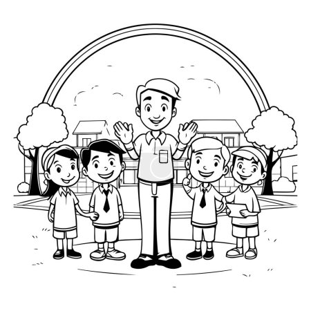 Téléchargez les illustrations : Enseignants couple avec des enfants dessin animé dans le parc illustration vectorielle graphisme - en licence libre de droit
