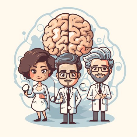 Téléchargez les illustrations : Médecins du cerveau avec cerveau humain. Illustration vectorielle en style dessin animé plat. - en licence libre de droit