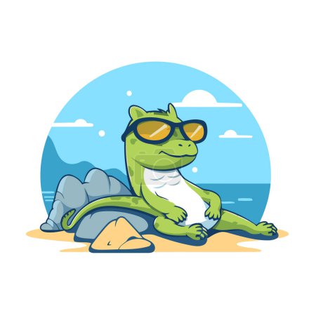 Téléchargez les illustrations : Mignon iguane vert dans des lunettes de soleil assis sur le rocher. Illustration vectorielle. - en licence libre de droit