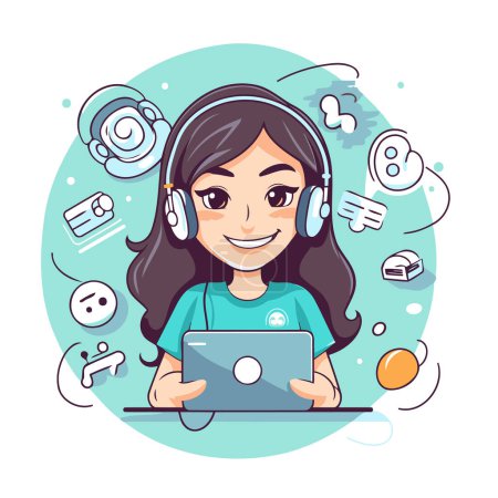 Téléchargez les illustrations : Illustration vectorielle d'une fille avec un casque et un ordinateur portable dans ses mains - en licence libre de droit
