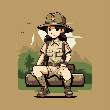 Téléchargez les illustrations : Jolie fille en tenue safari assise sur une valise. Illustration vectorielle. - en licence libre de droit