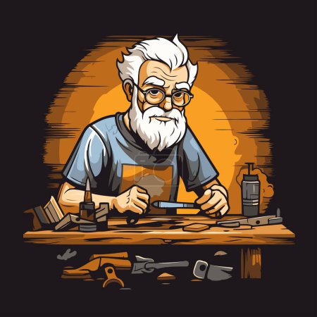 Illustration for Old man working in the carpentry workshop. Vector illustration for your design - Royalty Free Image