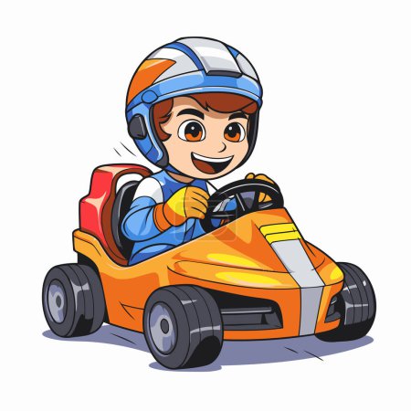 Illustration for Cartoon boy driving a toy car. Vector illustration isolated on white background. - Royalty Free Image