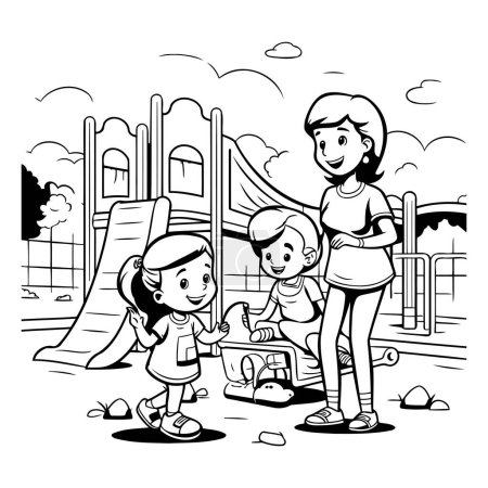 Illustration for Children playing at the playground. Black and white vector illustration for coloring book. - Royalty Free Image