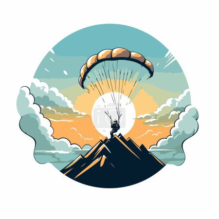 Illustration for Paraglider flying over the mountains. Vector illustration in retro style. - Royalty Free Image