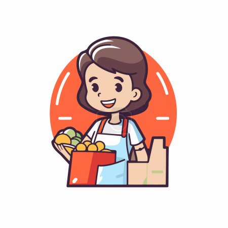 Illustration for Vector illustration of a girl holding a shopping bag full of fruits and vegetables - Royalty Free Image