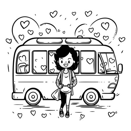 Illustration for Cute little girl with school bus and hearts vector illustration graphic design - Royalty Free Image