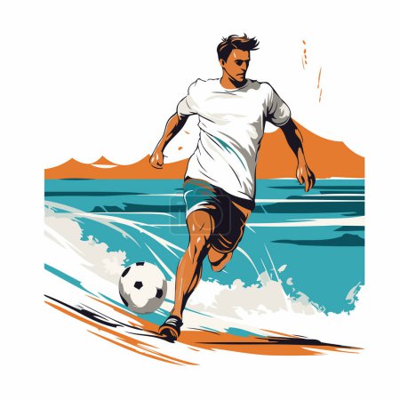 Illustration for Soccer player in action on the beach. Hand drawn vector illustration. - Royalty Free Image