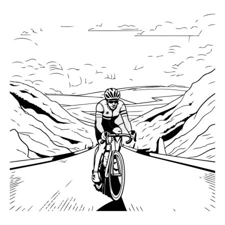 Illustration for Cyclist on the road. Vector illustration of a cyclist in the mountains. - Royalty Free Image