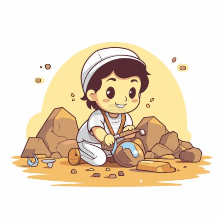Ilustración de Ilustración de un niño jugando en la arena con herramientas de minero - Imagen libre de derechos