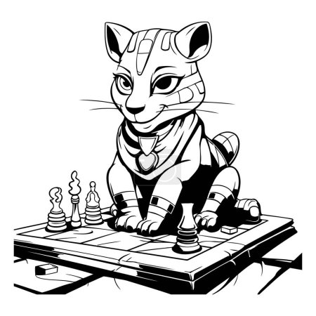Téléchargez les illustrations : Illustration vectorielle d'un tigre jouant aux échecs. Version noir et blanc. - en licence libre de droit