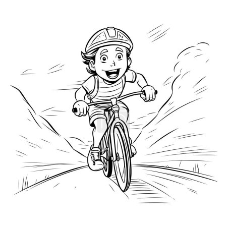 Téléchargez les illustrations : Illustration vectorielle d'un garçon faisant du vélo dans les montagnes. Image monochrome - en licence libre de droit