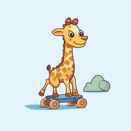 Téléchargez les illustrations : Mignon dessin animé girafe chevauchant un skateboard. Illustration vectorielle. - en licence libre de droit