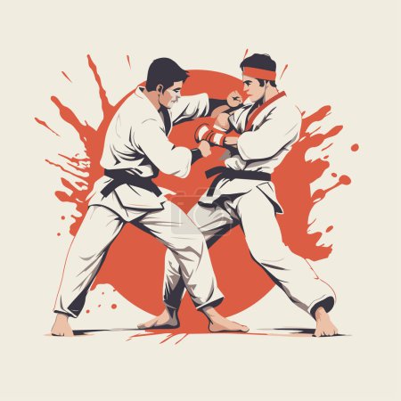 Illustration for Vector illustration of two karate fighters in kimono fight. - Royalty Free Image
