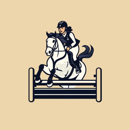 Téléchargez les illustrations : Design sportif équestre avec cavalier à cheval sautant par-dessus les obstacles. Illustration vectorielle. - en licence libre de droit